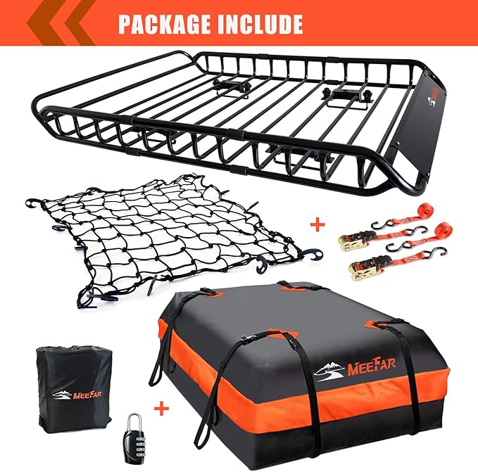 Roof Rack Cargo Carrier Basket 51"*36"*5"+Waterproof Bag 15 Cubic Feet(44"*34"*17"),and Cargo Net with Attachment Hooks,Ratchet Straps.200 Lbs Capacity,Universal Rooftop Large Size Roof Rack