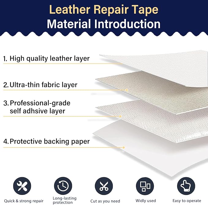 Zenyao Leather Repair Patch Tape - Self Adhesive Leather Repair Kit for Car Seat Furniture, Heavy Duty Vinyl Repair Patch for Couch Sofa, Waterproof Fix for Tears, 8x11 Inch Sheet, 2 Pieces, White