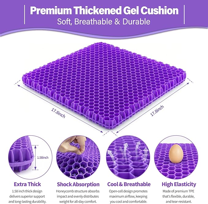 Gel Seat Cushion for Long Sitting – Double-Layer Honeycomb Cooling Chair Pad, Thick Supportive Gel Cushion with Breathable Non-Slip Cover for Office Chair Car Wheelchair & Long Sitting（Purple）