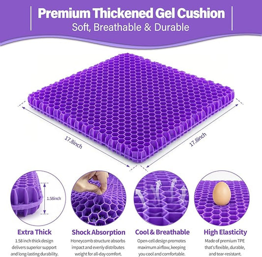Gel Seat Cushion for Long Sitting – Double-Layer Honeycomb Cooling Chair Pad, Thick Supportive Gel Cushion with Breathable Non-Slip Cover for Office Chair Car Wheelchair & Long Sitting（Purple）