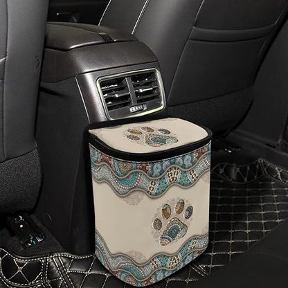 Talayituse Boho Paws Print Car Trash Can with Lid, Leak Proof Auto Trash Bag Hanging Vehicle Garbage Can Multipurpose Storage Container for Back Seat Road Trip