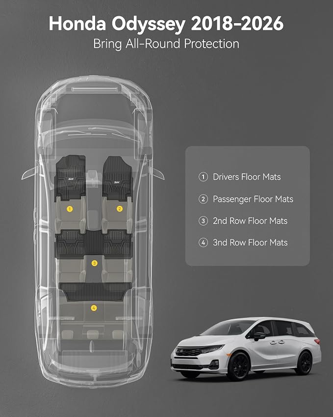 3W Floor Mats Fit for Honda Odyssey 2018-2025 2026,Mini Passenger Van, All Weather Custom Fit TPE Floor Liners 1st 2nd & 3rd Rows Car Mats Odyssey Car Accessories, Black