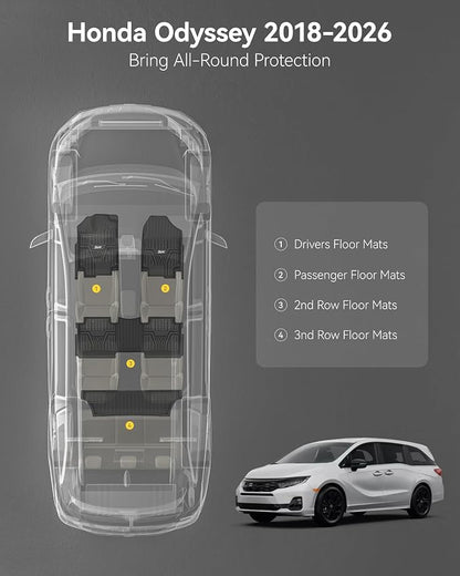 3W Floor Mats Fit for Honda Odyssey 2018-2025 2026,Mini Passenger Van, All Weather Custom Fit TPE Floor Liners 1st 2nd & 3rd Rows Car Mats Odyssey Car Accessories, Black