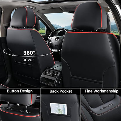 Coverado Universal Seat Covers Full Set, Universal Seat Covers for Cars, Waterproof Nappa Leather Car Seat Covers with Head Pillow, 5 Seats Auto Protectors Fit for Most Pick-up Truck, Black&Redline