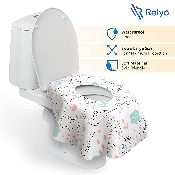 Relyo Disposable Toilet Seat Cover for Travel – 20 Pack with Covers Wrapped in Sets of 2, Non-Flushable Liners, Fits Most Seats – Kids, Toddlers, Adults (Dinosaurs, 20)