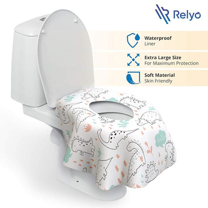 Relyo Disposable Toilet Seat Cover for Travel – 20 Pack with Covers Wrapped in Sets of 2, Non-Flushable Liners, Fits Most Seats – Kids, Toddlers, Adults (Dinosaurs, 20)