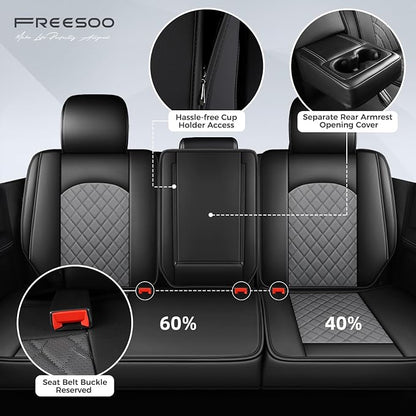 FREESOO Seat Covers for Dodge Ram 2019-2026 Ram 1500 Crew Quad Regular Cab 2011-2026 2500 3500 Mega Cab Bighorn Longhorn Laramie Tradesman, with Flat Bench, Black Grey