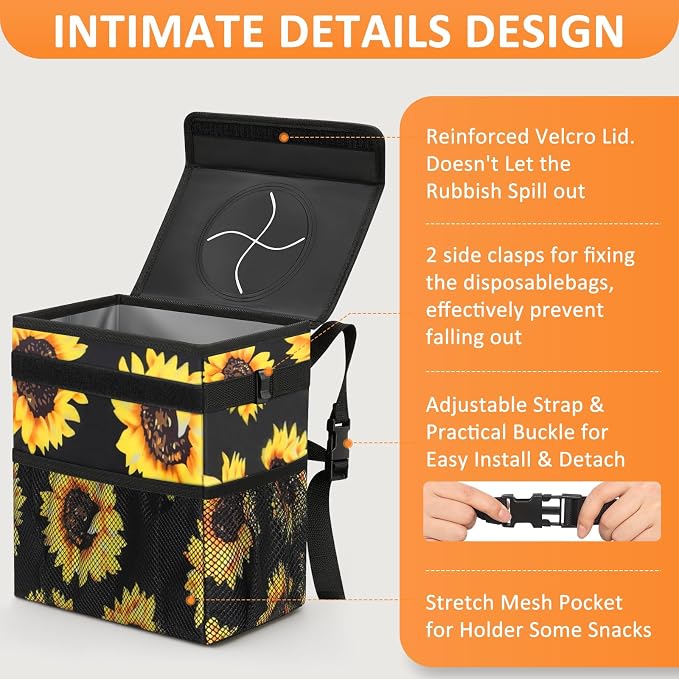 Vankor Car Trash Can for Car Cute,Bag Bin Hanging Waterproof Automotive Garbage Cans Leak Proof Vehicle Trash Can Sunflower