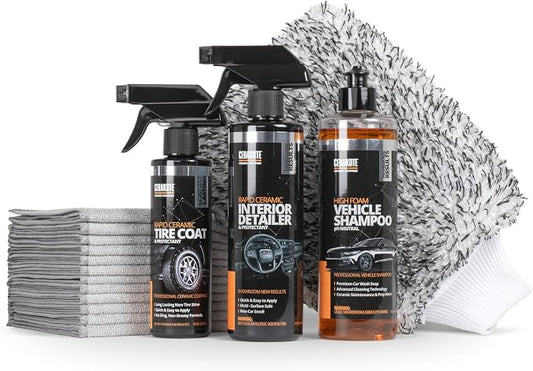 Cerakote Foundation Bundle - Exterior Wash & Ceramic Protection Kit with Microfiber Towels - At-Home Car Wash and Detailing Set - Easy Ceramic Protection for Vehicle Interior and Tires