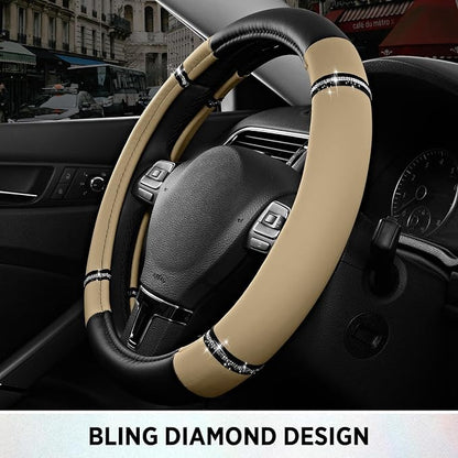 Road Comfort Leather Steering Wheel Cover – Premium Anti-Slip Car Steering Wheel Grip Cover – Universal Fit for 14.5”–15” Cars, Trucks & SUVs - Beige