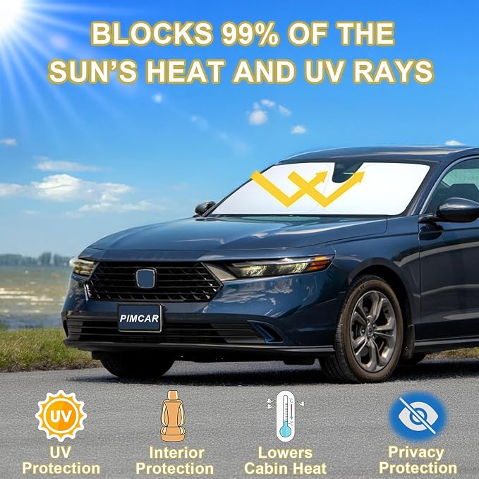 PIMCAR Windshield Sun Shade for 2023 2024 2025 2026 Honda Accord, 310T Reflective Polyester Front Window Sun Visor Blocks UV Rays Foldable Sunshade Honda Accord Accessories