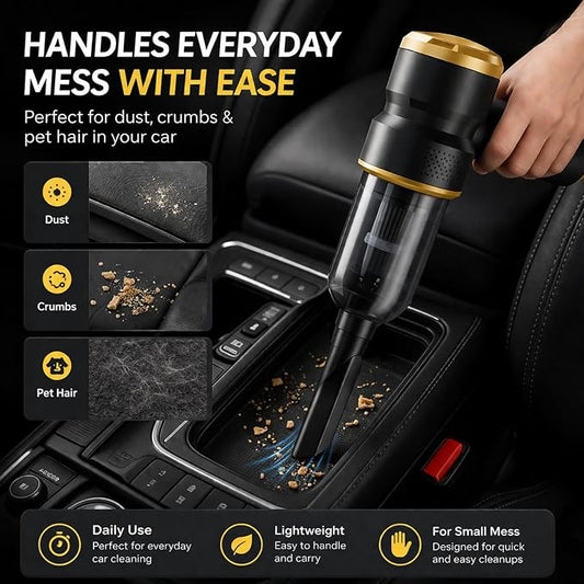 Handheld Car Vacuum Cleaner, 4-in-1 Cordless Rechargeable Mini Vacuum with Air Duster – Quickly Clean Crumbs, Pet Hair & Crevices in Car, Office, Home. Ideal for Commuters & Office Workers (Gold)