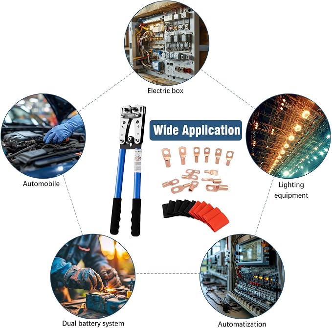 Battery Cable Lug Crimping Tool Kit for AWG 10-1/0 Electrical Lug Crimper with 64pcs Ring Terminals and 110pcs Heat Shrink Tubing