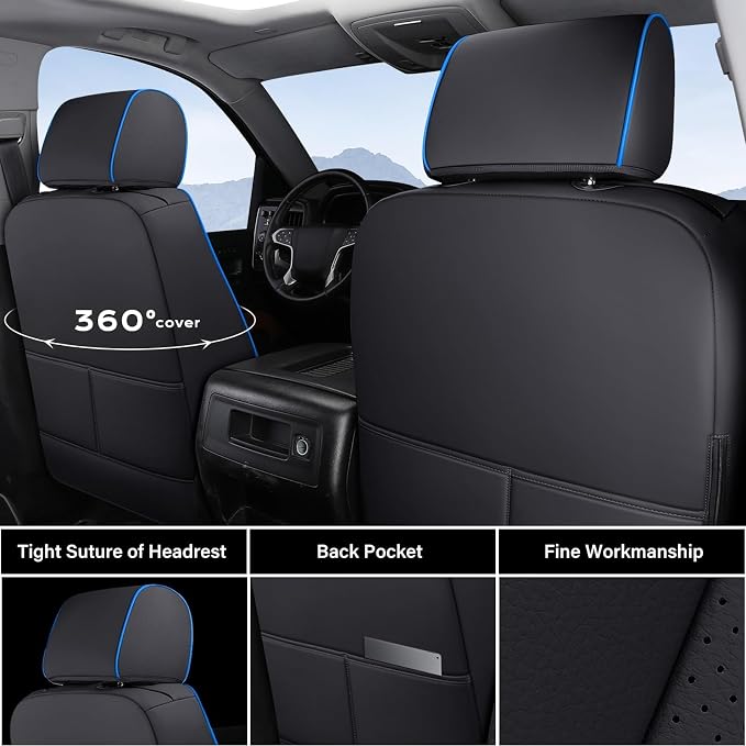Coverado Chevy Silverado Seat Covers, Faux Leather Seat Covers Fit for Chevy Silverado GMC Sierra 2007-2026 1500, 2015-2026 2500HD 3500HD Crew Double Extended Cab (Front,Blueline)