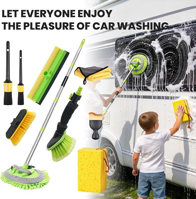 Car Detailing Kit Exterior, Car Wash Brush Kit with Long Handle 10pcs Set, Car Windshield Cleaner, Professional Car Care kits, Car Detailing Brush Set, Car Cleaning Drill Brush Kit with Extension Pole
