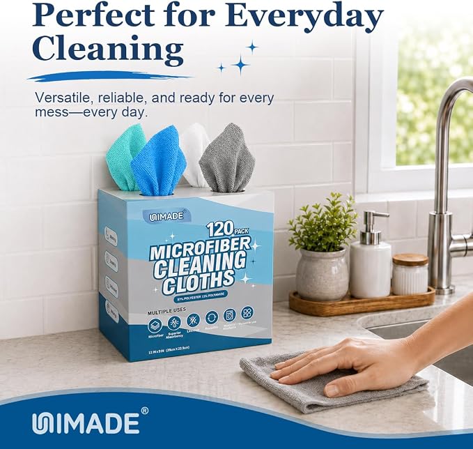 UNIMADE Microfiber Cleaning Cloth, 120 Pack Reusable Paper Towels Microfiber Towels for Cars Lint Free Shop Rags with for Home Kitchen Automotive, 11"x 9", White & Grey & Light Blue & Blue