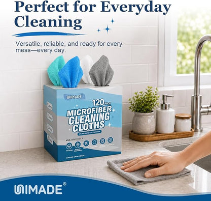 UNIMADE Microfiber Cleaning Cloth, 120 Pack Reusable Paper Towels Microfiber Towels for Cars Lint Free Shop Rags with for Home Kitchen Automotive, 11"x 9", White & Grey & Light Blue & Blue