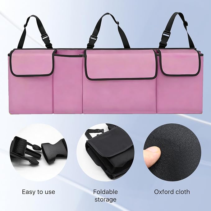Car Trunk Organizer, Waterproof Backseat Hanging Large Storage with Adjustable Straps, Collapsible Cargo Bag with 4 Pockets, Car Interior Accessories for Truck, SUV, MPV (Pink)