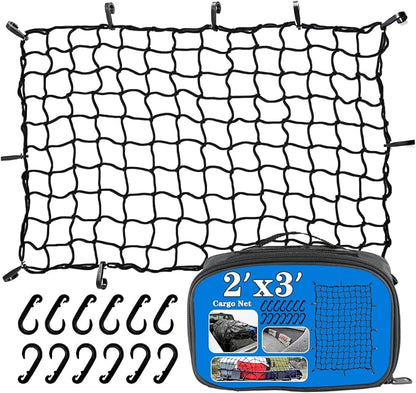 2’x3’ Bungee Cargo Net Stretches to 4'x6' for Truck Bed,Pickup Bed,Trailer,Motorcycle and Bike with 6 Adjustable Hooks Heavy Duty 5mm 2”x2” Mesh Holds Small and Large Loads by Cenipar