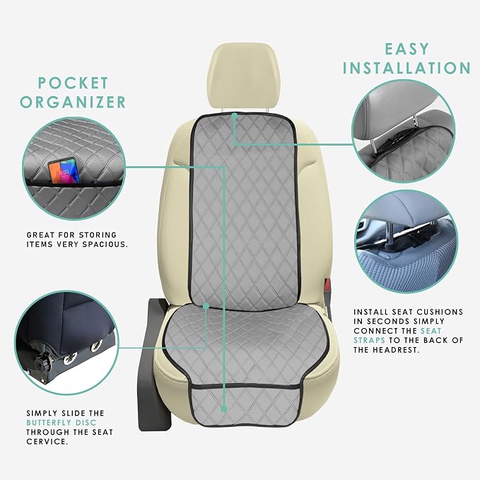 FH Group Car Seat Cushion – Neosupreme Single Front Seat Cover with Front Pockets, Airbag Compatible, Universal Fit Car Seat Cushion for Driver or Passenger Seat, SUV, Truck, Sedan & Van – Gray
