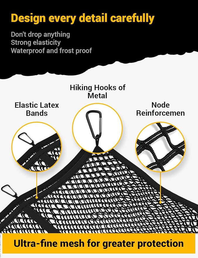 AUTOWN Cargo Net for Pickup Truck Bed - Stretchable 4'x4' to 7'x7', High Elastic Fine Mesh 1''x1'' with 8 Metal Carabiners - Ideal for ATV, SUV, UTV, Truck and Boat Use (Double Layer)