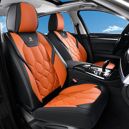 Huidasource Front Seat Covers, Universal Fit for Most Cars SUV Trucks, Full Coverage Leather Seat Cover, Airbag Compatble, Seat Function Retain, Storage Pocket Design, Easy to Install, Black & Orange