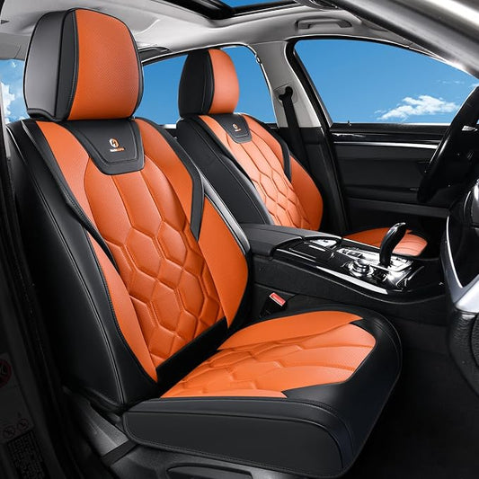 Huidasource Front Seat Covers, Universal Fit for Most Cars SUV Trucks, Full Coverage Leather Seat Cover, Airbag Compatble, Seat Function Retain, Storage Pocket Design, Easy to Install, Black & Orange
