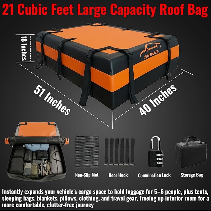 21 Cubic Feet Car Roof Cargo Carrier Bag, Waterproof Rooftop Bag for All Vehicle with/Without Racks, Soft Roof Top Storage Box with Anti-Slip Mat, 6 Door Hooks, Luggage Lock, Black Orange