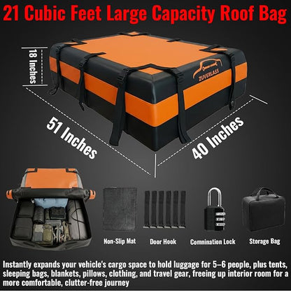 21 Cubic Feet Car Roof Cargo Carrier Bag, Waterproof Rooftop Bag for All Vehicle with/Without Racks, Soft Roof Top Storage Box with Anti-Slip Mat, 6 Door Hooks, Luggage Lock, Black Orange