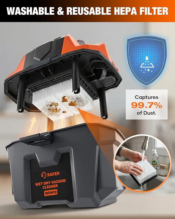 Saker Cordless Wet and Dry Shop Vacuum 17kPa 2.6 Gallon Portable Shop Vacuum Cleaner with Storage Rack, 2×4.0Ah Batteries, Strap, HEPA Filter, 3-in-1 Small Shop Vac for Car, Garage, Workshop