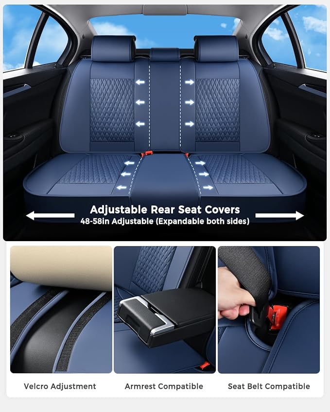 Huidasource Blue Seat Covers, Luxury Nappa Leather Car Seat Covers with Velcro Adjustable, Airbag, Lumbar Support, Cooling＆Heating, Seat Covers for Trucks Universal Fit for Most Cars SUV Trucks Blue