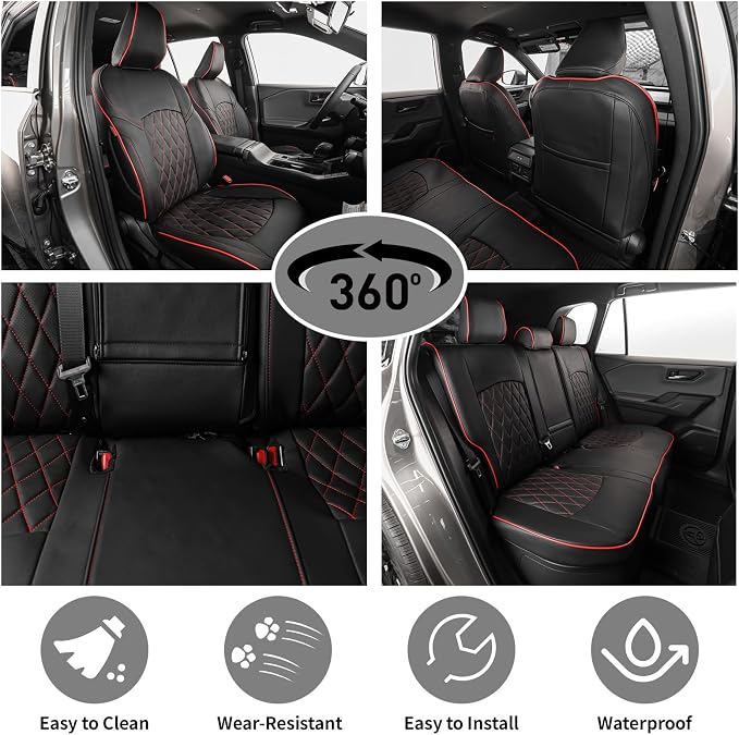 EKR Rav4 Seat Covers Custom Fit for Toyota Rav4 (Hybrid) Woodland/Limited 2026, Leather Car Seat Cover Full Set for SUV,Faux Leather(Black with Red Piping)