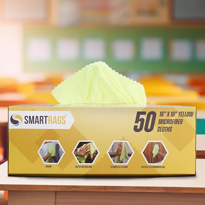 Arkwright Smart Rags Microfiber Cleaning Cloths, Pack of 50 in a Box, Lint Free 215 GSM Reusable Towels for Auto, Office and Household Cleaning, 16 x 16 in, Yellow