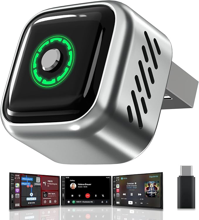 2026 Upgraded Wireless CarPlay Adapter with Buttons for Privacy Call & Two-Phone Fast Switch, Aluminum Cooling, Dual-Band WiFi, Mini Cable-Free, Compatible with Apple CarPlay & Android Auto, Gray