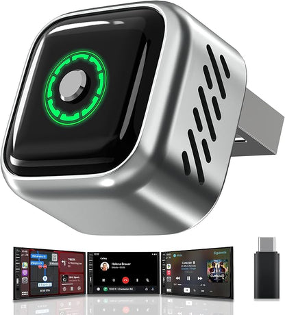 2026 Upgraded Wireless CarPlay Adapter with Buttons for Privacy Call & Two-Phone Fast Switch, Aluminum Cooling, Dual-Band WiFi, Mini Cable-Free, Compatible with Apple CarPlay & Android Auto, Gray