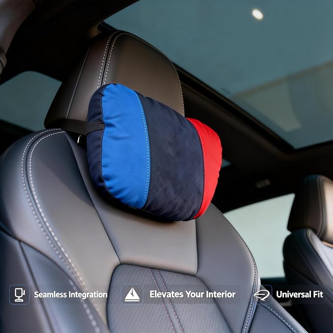 Car Headrest Pillow for BMW, mTricolor Stripe Design with Microfiber Suede Cover, Neck Cushion with High-Resilience Foam for Driving Comfort