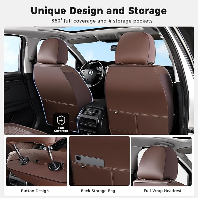 Huidasource Car Seat Covers Full Set, Car Seat Cushion Cover, Full-Cover Leather Car Seat Covers Front and Rear 5 Seats, Waterproof Automotive Seat Covers Fit for Most Cars SUV Trucks, Coffee