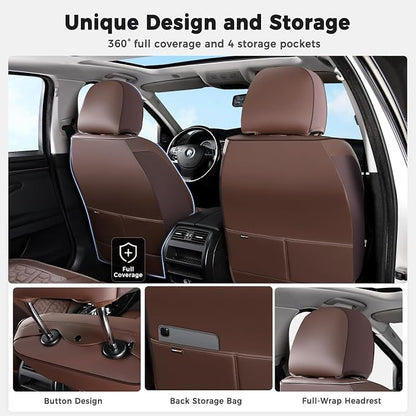Huidasource Car Seat Covers Full Set, Car Seat Cushion Cover, Full-Cover Leather Car Seat Covers Front and Rear 5 Seats, Waterproof Automotive Seat Covers Fit for Most Cars SUV Trucks, Coffee
