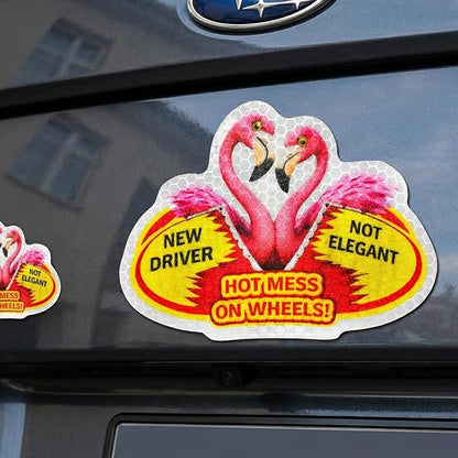 3 Pcs Reflective Student Driver Magnet and Stickers Set - Funny Animal New Driver Safety Signs for Car, Waterproof & Weatherproof High Visibility Vehicle Bumper Decals, Magnet + Stickers (Flamingo)