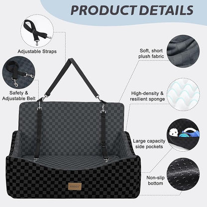 JOEJOY Dog Car Seat for Medium/Large Dogs - Reversible Dual-Sided Travel Dog Car Bed with Memory Foam, Washable Pet Booster Seat for Dogs up to 55 lbs or 2 Small Dogs, 2 Safety Leashes, Dark Grey