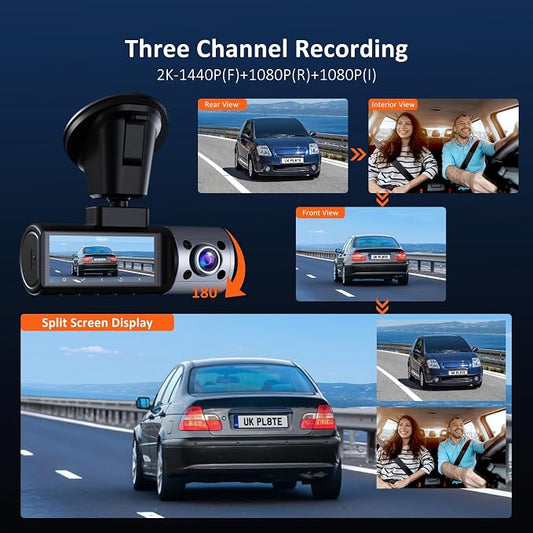 NexiGo 3 Channel Dash Cam with Rotatable Interior/Front Camera, Sony_Sensors, Front and Rear with Cabin, 4K/2K-1440P+1080P+1080P, Super Night Vision, 24H Parking Mode, GPS, WiFi, 128G SD Card Included