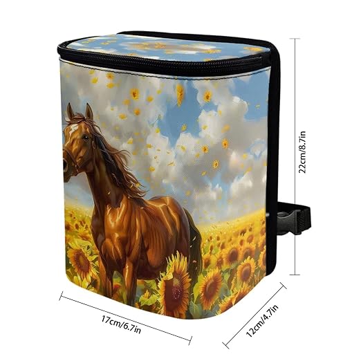 Talayituse Horse Sunflower Print Car Trash Can, Portable Auto Garbage Bin Multifunctional Vehicle Interior Accessories with Adjustable Straps Universal Fit Truck SUV Sedan