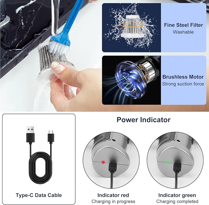 WADEO Handheld Vacuum Cordless, Car Vacuum Portable Cordless 18000Pa, Hand Held Vacuum, Mini Vacuum with Blower, Car Vacuum with Brushless Motor and TypeC, Portable Vacuum for Car
