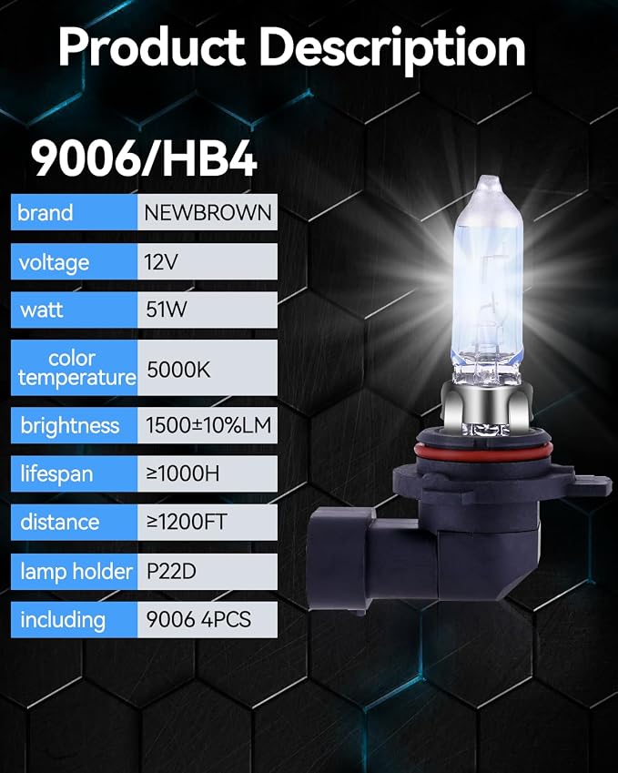 NEWBROWN 9006 Headlight Bulbs 9006 HB4 Halogen Headlight Bulb 5000K Super White Light Long Life Replacement P22D 12V/51W (9006/HB4, 4 Pack)