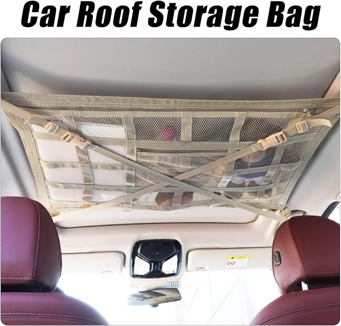 Overhead Car Organizer, Compatible with Jeep Gladiator Sport/Rubicon 2020-2025 Car Roof Storage Net Universal Car Ceiling Storage for Camping Storage Bag,Beige-Large