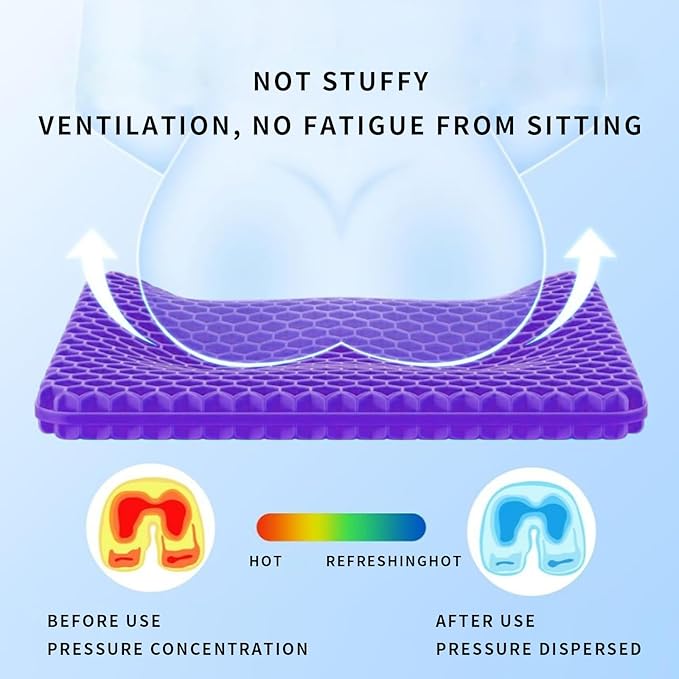 Gel Seat Cushion, Cooling Honeycomb Cushion for Long Sitting, Tailbone & Coccyx Pain Relief, Ergonomic Office Chair Pad, Breathable for Car Seat & Wheelchair(Light Purple)