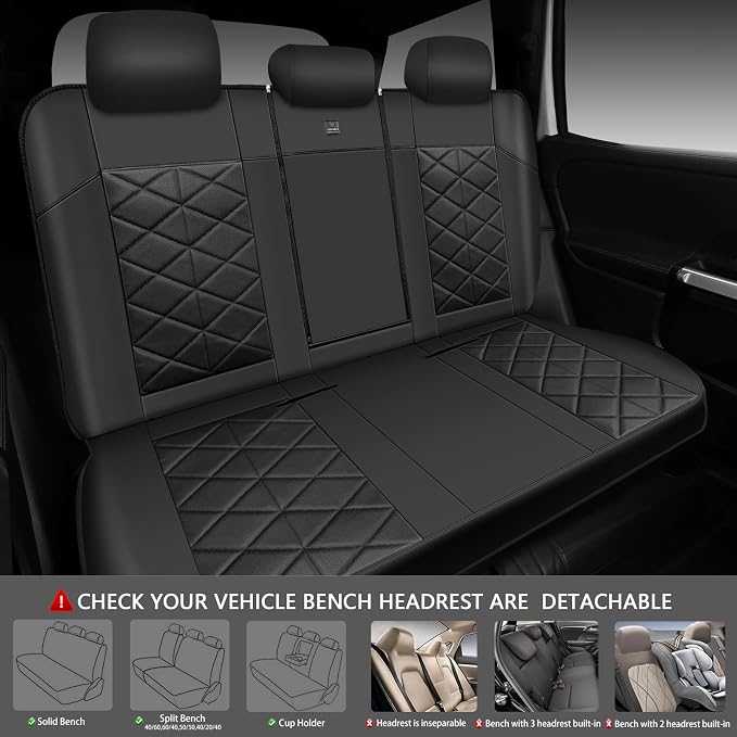 CAR PASS Memory Foam Leather Back Seat Cover, Luxury Breathable Perforated Nappa Leather Bench Rear Seat Cover, Thick 3D Foam Zipper Split Backseat Cover Universal Fit for Trucks, Sedans, SUV, Black