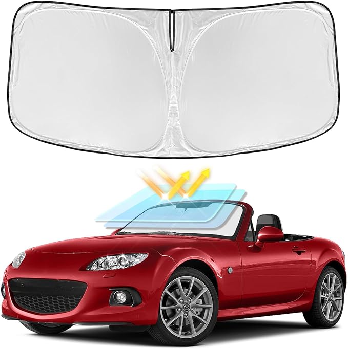 for Mazda MX-5 Miata Convertible 2016-2025 Windshield Sun Shade-4 Layers Car Sunshades for Front Windows Shade Custom Fit MX-5 Sun Visor 250T Retractable Shade Blocks UV Rays Car Accessories