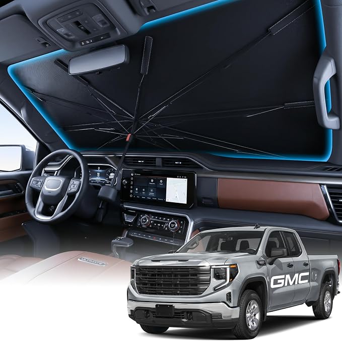 Wigoo Windshield Sun Shade Umbrella for GMC Sierra 1500/2500/3500 2019-2026 [100% Sun Blockage, Ice Cooling Fabric] Foldable Front Window Sunshade for GMC Sierra 1500/2500/3500 2019-2026