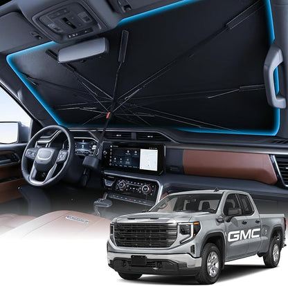 Wigoo Windshield Sun Shade Umbrella for GMC Sierra 1500/2500/3500 2019-2026 [100% Sun Blockage, Ice Cooling Fabric] Foldable Front Window Sunshade for GMC Sierra 1500/2500/3500 2019-2026